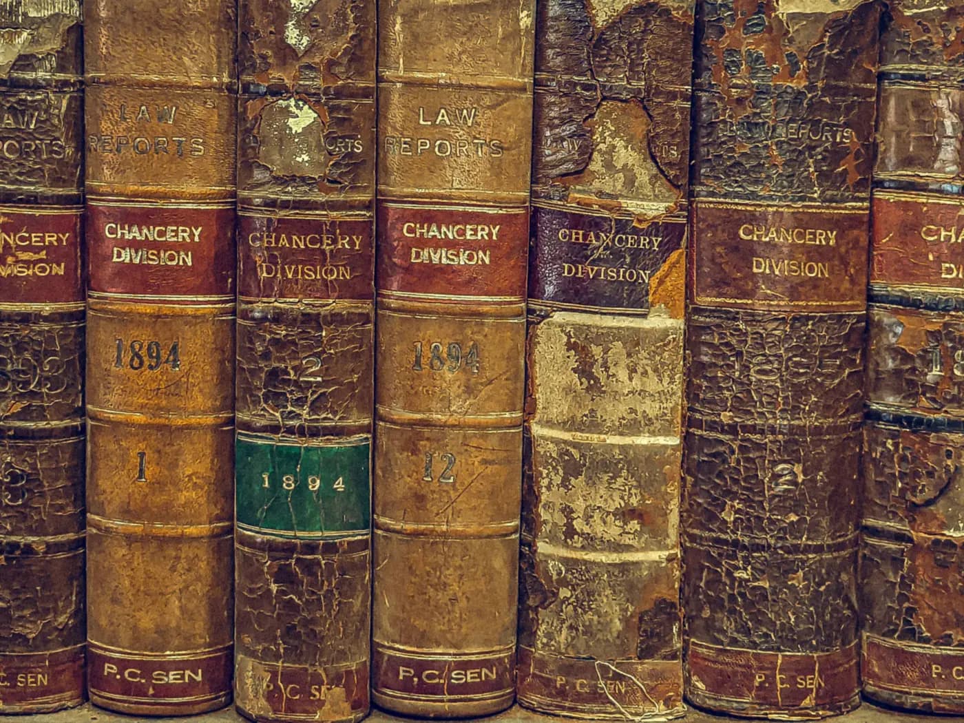 The cracked leather spines of a row of bound law reports
